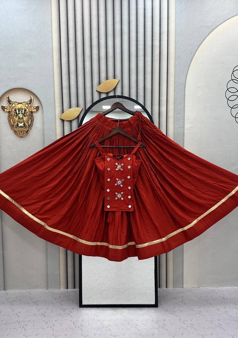 Orange Mirror Work Cotton Lehenga Set - Indya