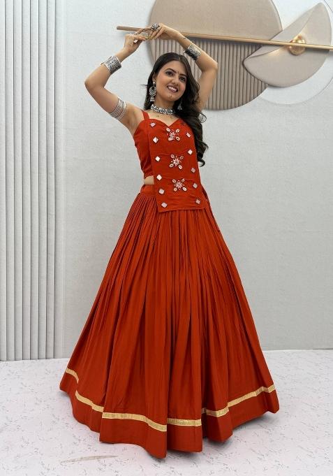Orange Mirror Work Cotton Chaniya Choli Set For Navratri And Garba