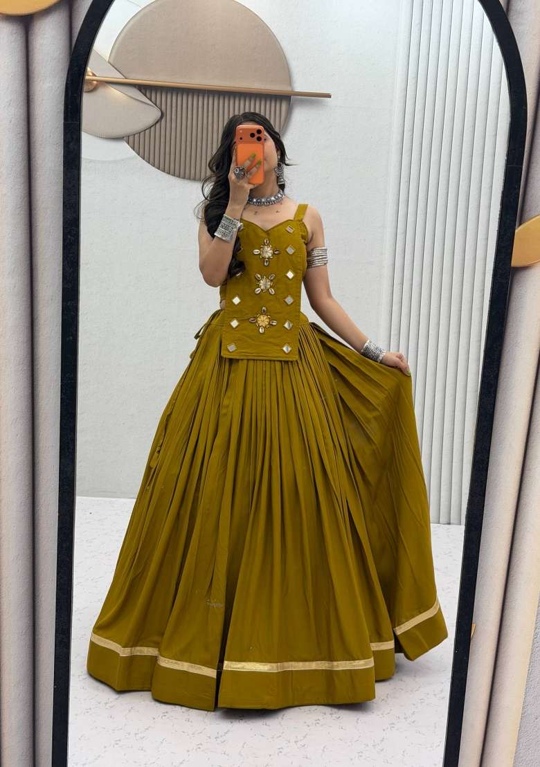 Mustard Mirror Work Cotton Chaniya Choli Set For Navratri And Garba for Diwali and Festive Wear - Indya