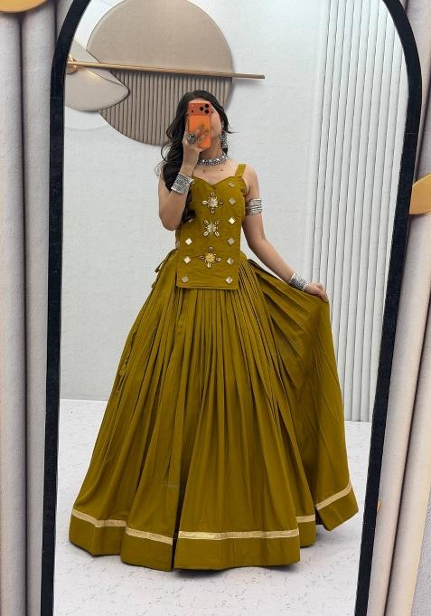 Mustard Mirror Work Cotton Chaniya Choli Set For Navratri And Garba