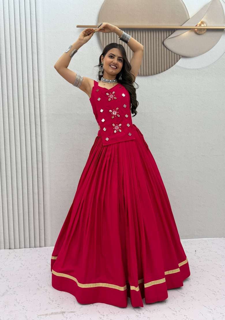 Pink Mirror Work Cotton Chaniya Choli Set For Navratri And Garba for Diwali | Wedding & Festive Wear - Indya