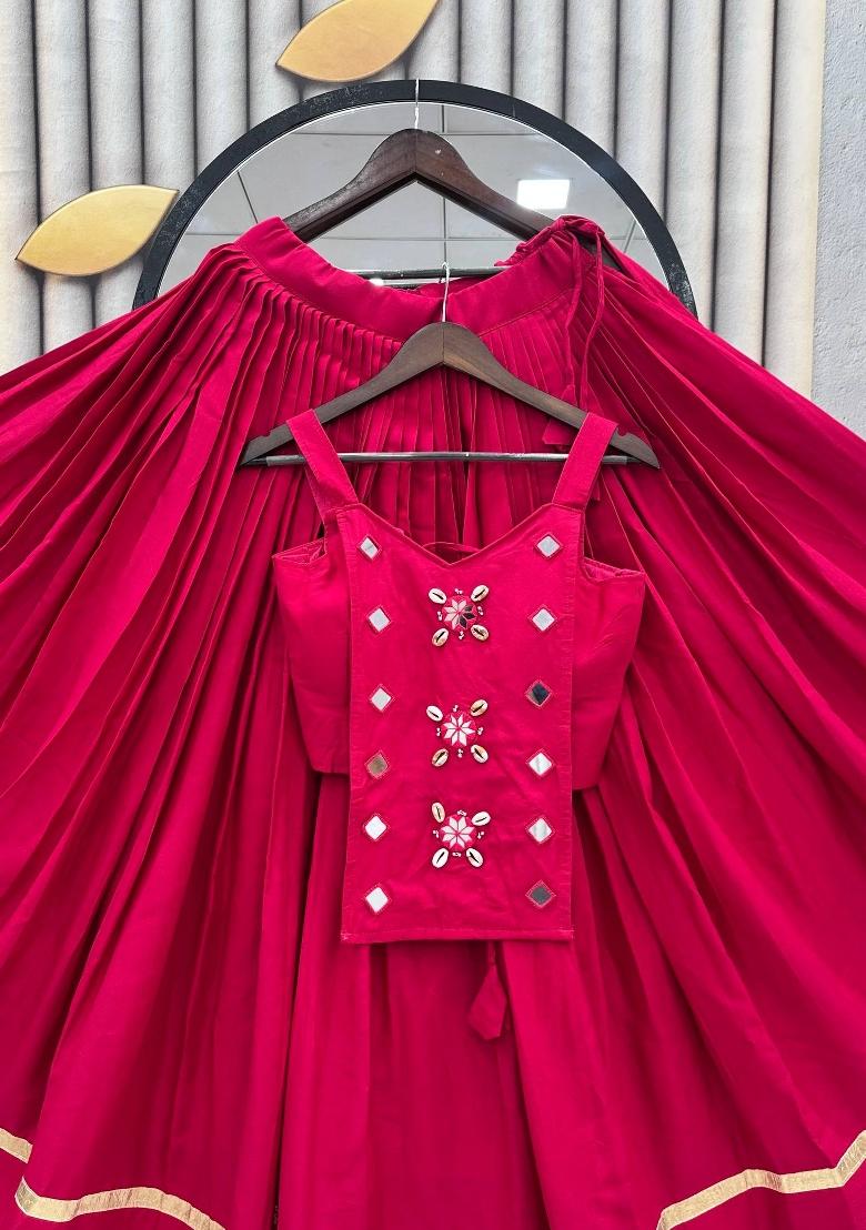 Pink Mirror Work Cotton Lehenga Set - Indya