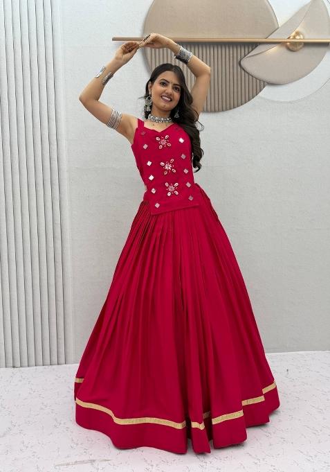 Pink Mirror Work Cotton Chaniya Choli Set For Navratri And Garba