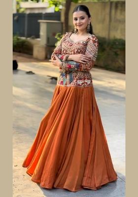 Rust Orange Sequin Work Silk Lehenga Set
