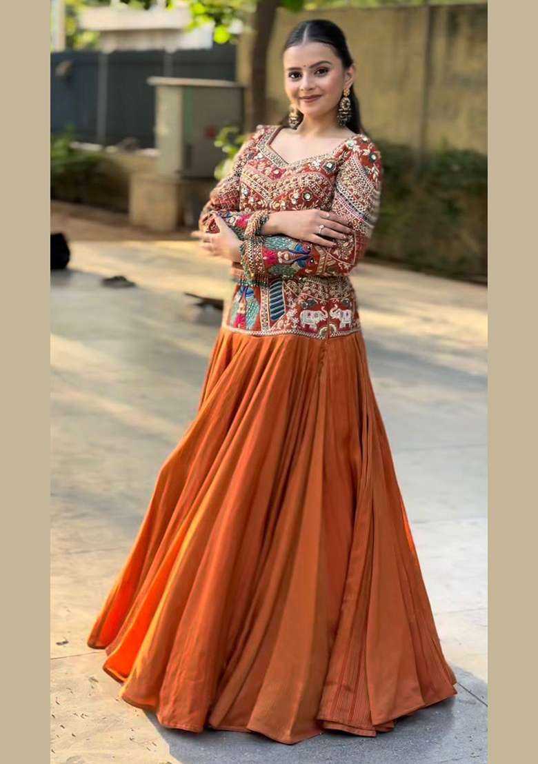Rust Orange Sequin Work Silk Lehenga Set for Diwali and Festive Wear - Indya