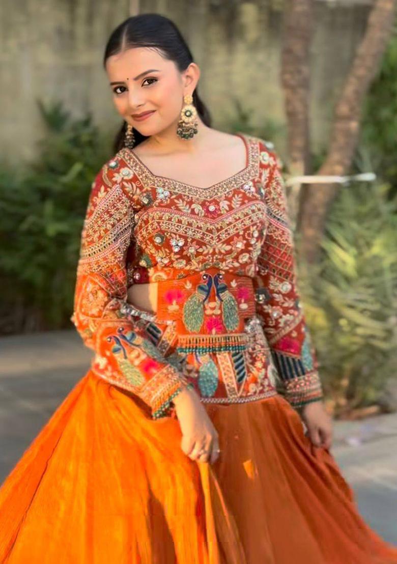 Rust Orange Sequin Work Silk Lehenga Set - Indya