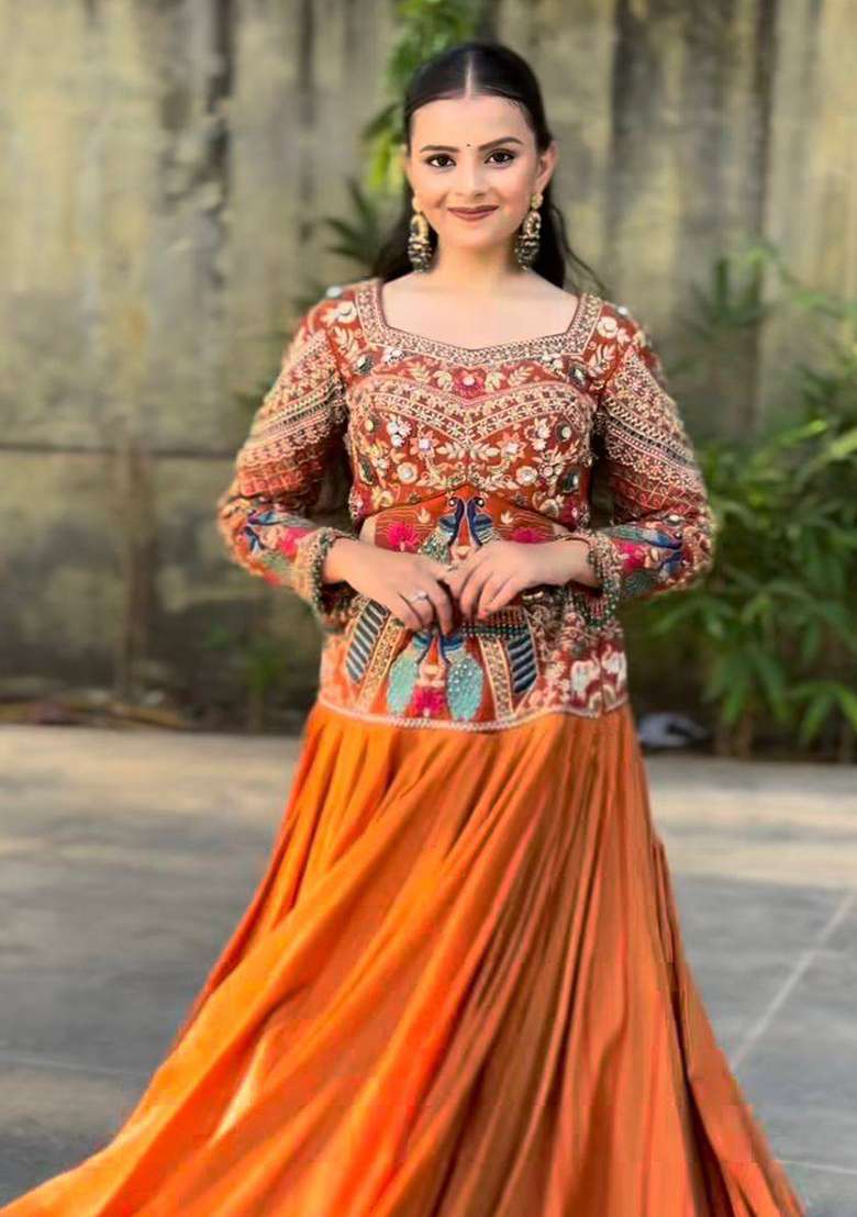Rust Orange Sequin Work Silk Lehenga Set for Diwali and Festive Wear - Indya