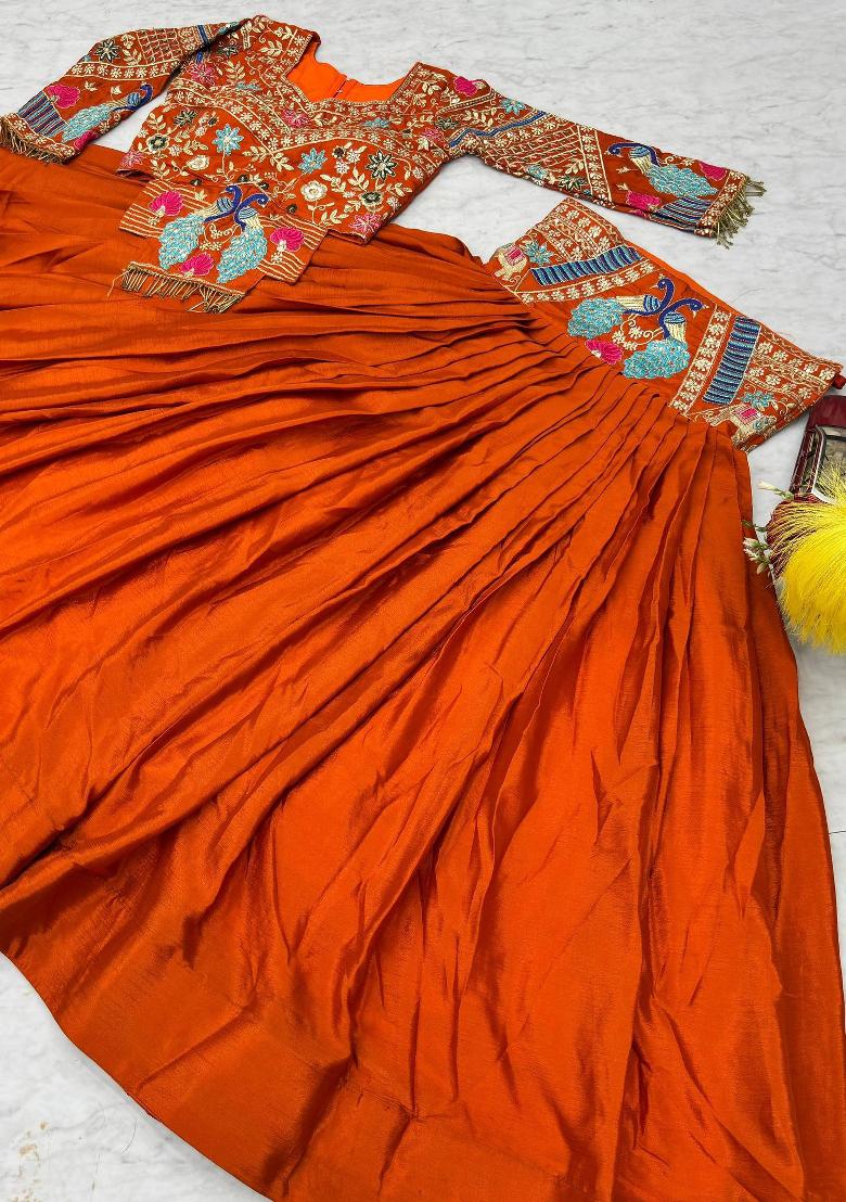 Rust Orange Sequin Work Silk Lehenga Set - Indya
