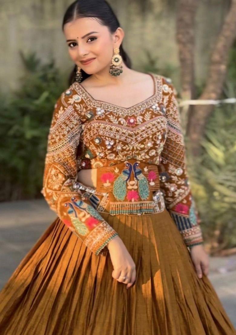 Mustard Sequin Work Silk Lehenga Set - Indya
