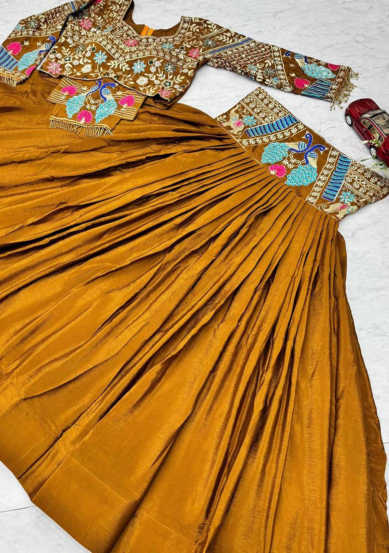 Mustard Sequin Work Silk Lehenga Set - Indya