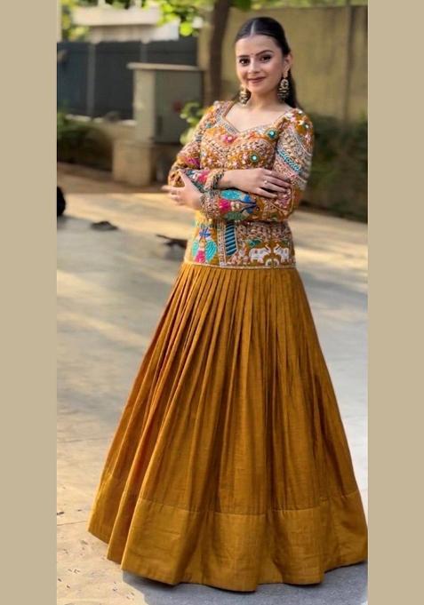 Mustard Sequin Work Silk Lehenga Set