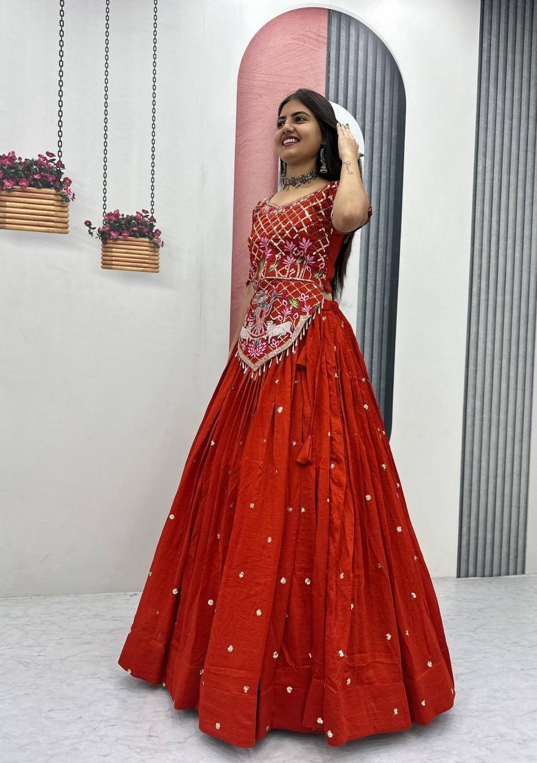 Rust Orange Sequin Work Silk Lehenga Set - Indya