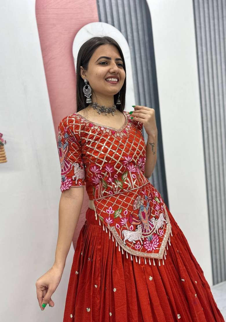 Rust Orange Work Silk Lehenga Set with Sequin for Diwali | Wedding & Festive Wear - Indya