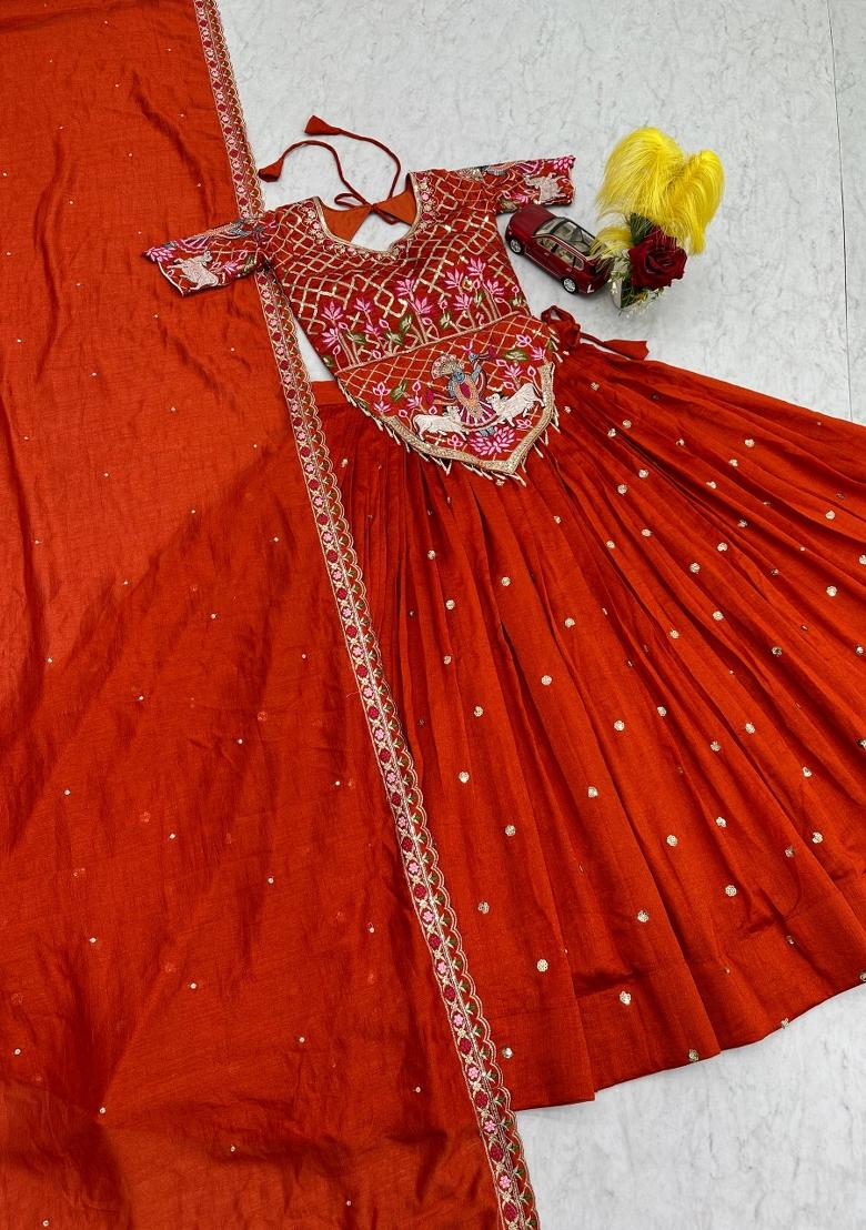 Rust Orange Sequin Work Silk Lehenga Set - Indya