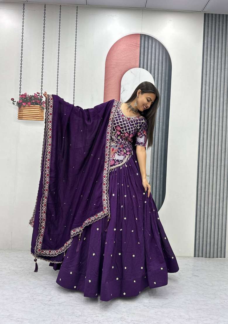 Purple Work Silk Lehenga Set with Sequin for Diwali | Wedding & Festive Wear - Indya