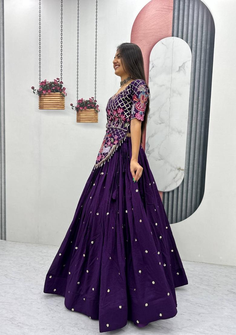 Purple Sequin Work Silk Lehenga Set - Indya