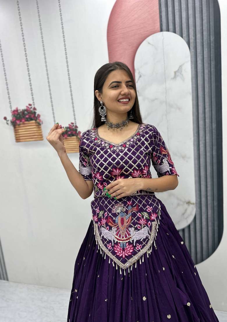 Purple Work Silk Lehenga Set with Sequin for Diwali | Wedding & Festive Wear - Indya