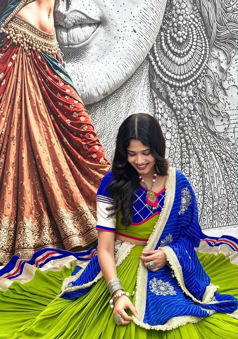 Parrot Green Ribbon Work Cotton Chaniya Choli Set For Navratri And Garba - Indya