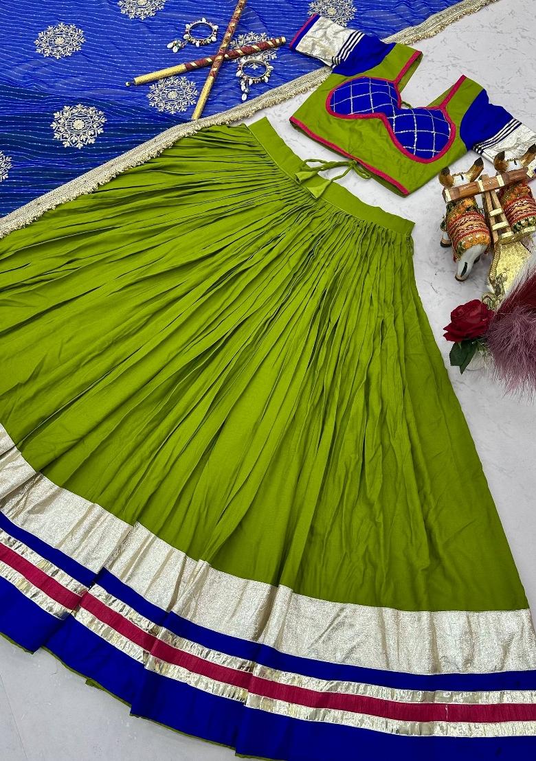 Parrot Green Ribbon Work Cotton Lehenga Set - Indya