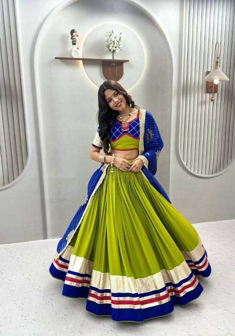 Parrot Green Ribbon Work Cotton Chaniya Choli Set For Navratri And Garba