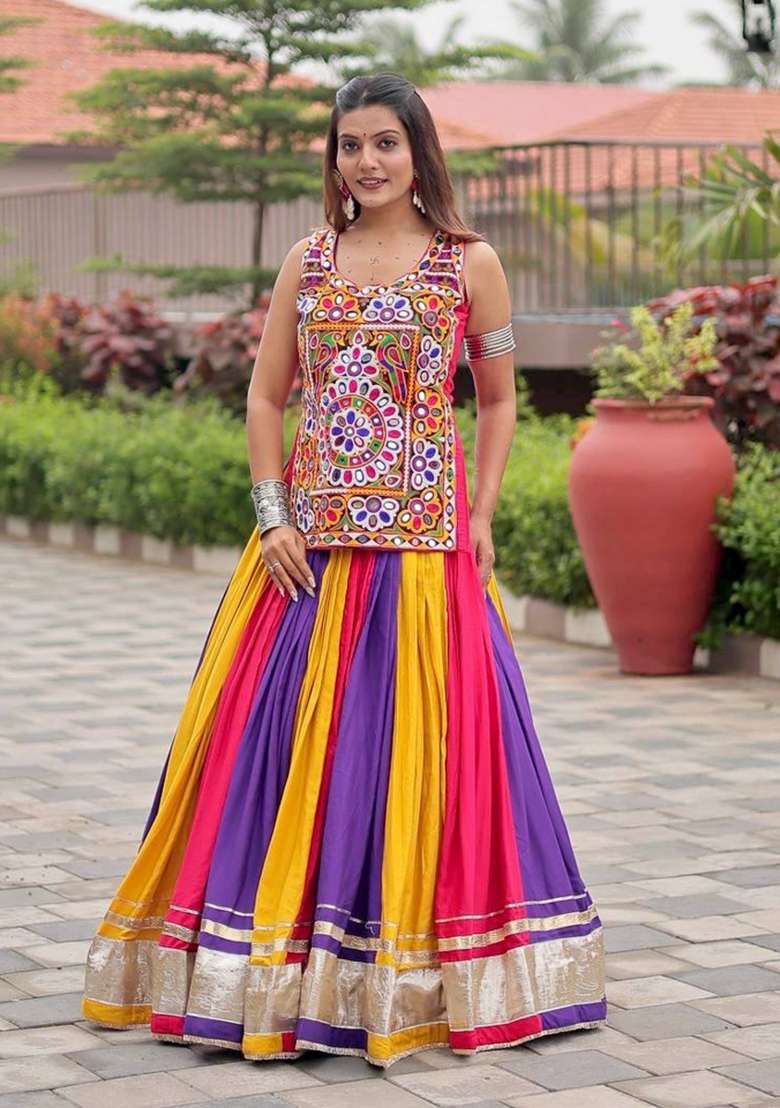 Multicolor Mirror Work Cotton Chaniya Choli Set For Navratri And Garba - Indya