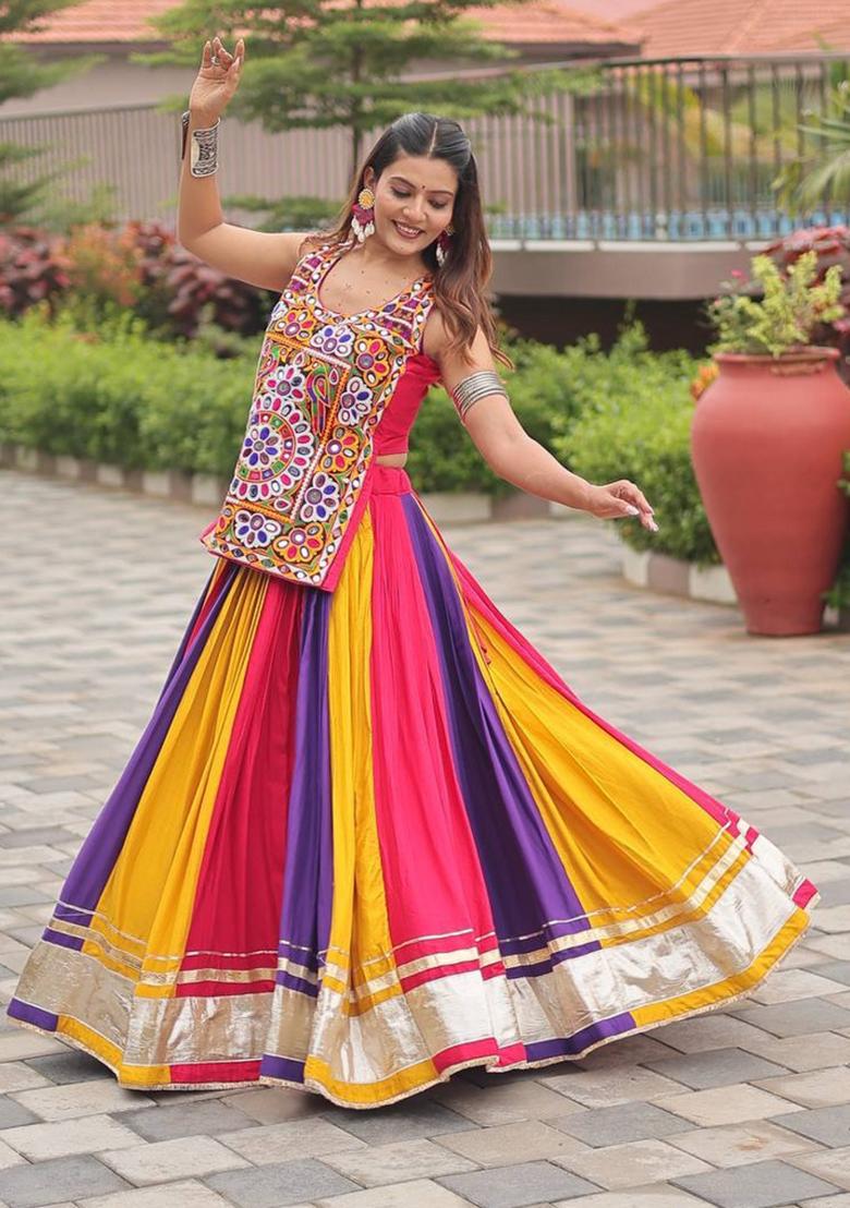Multicolor Mirror Work Cotton Lehenga Set - Indya