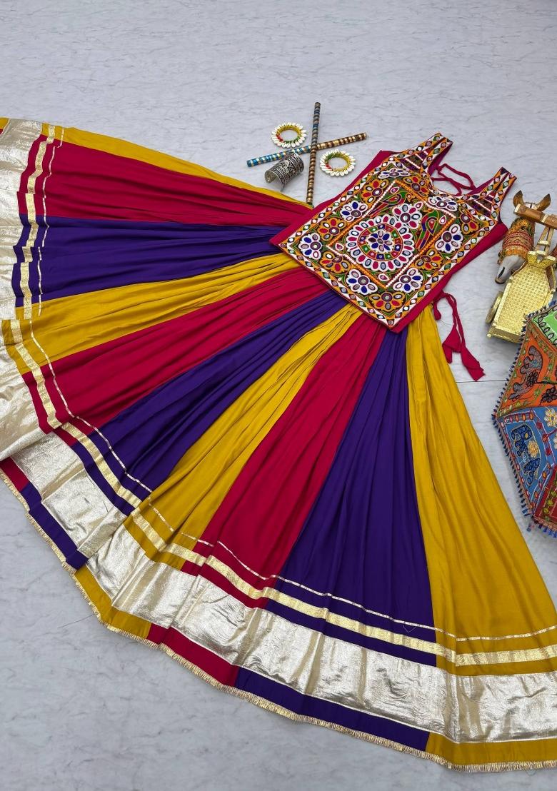 Multicolor Mirror Work Cotton Lehenga Set - Indya