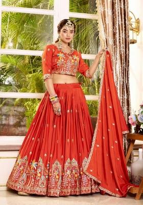 Rust Orange Sequin Work Silk Lehenga Set