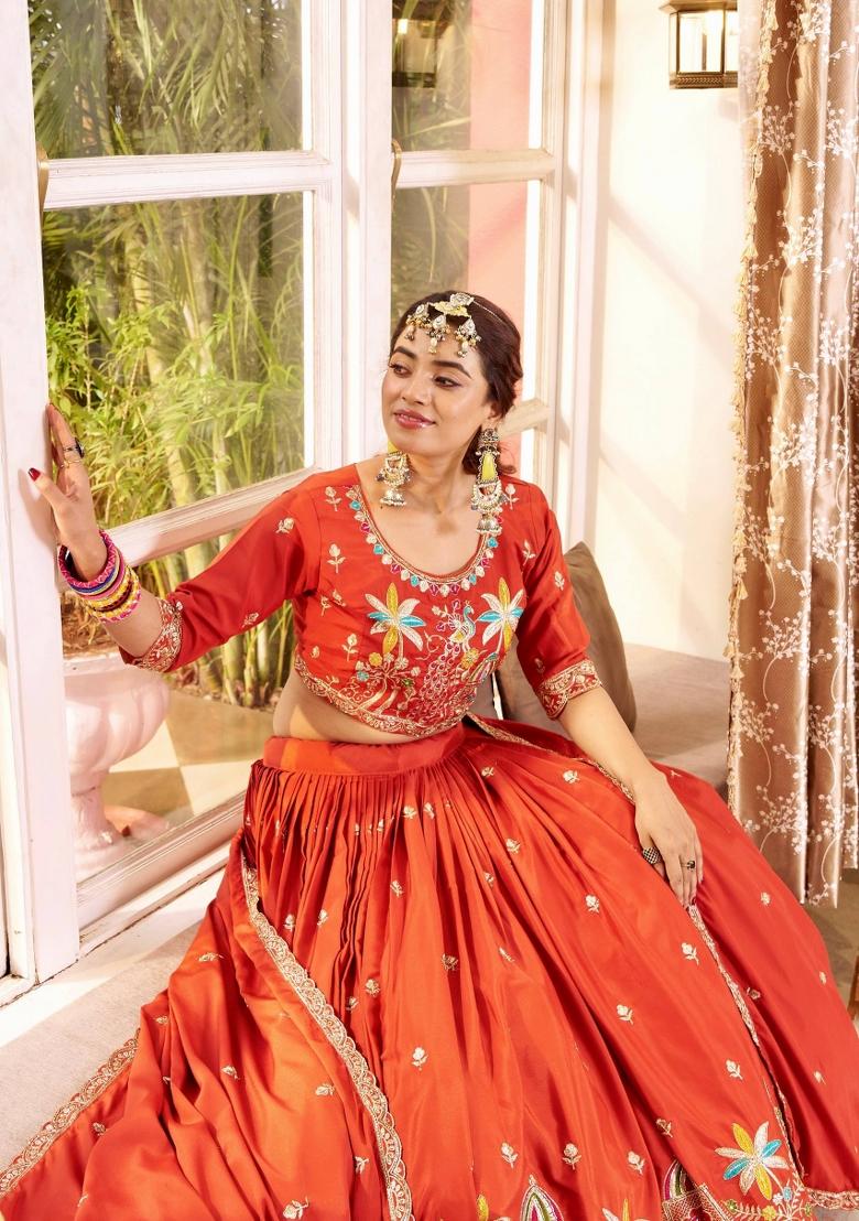 Rust Orange Sequin Work Silk Lehenga Set - Indya