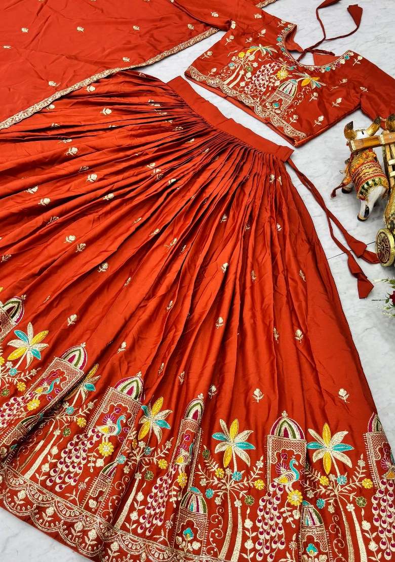 Rust Orange Sequin Work Silk Lehenga Set - Indya
