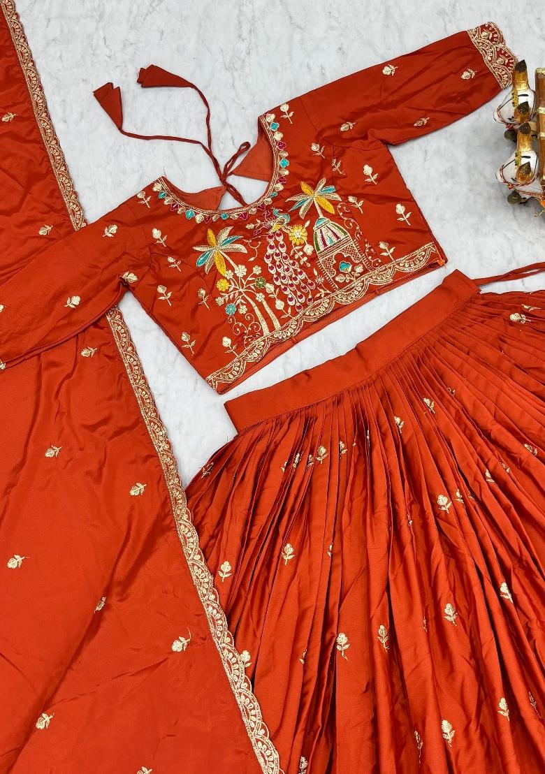 Rust Orange Sequin Work Silk Lehenga Set - Indya
