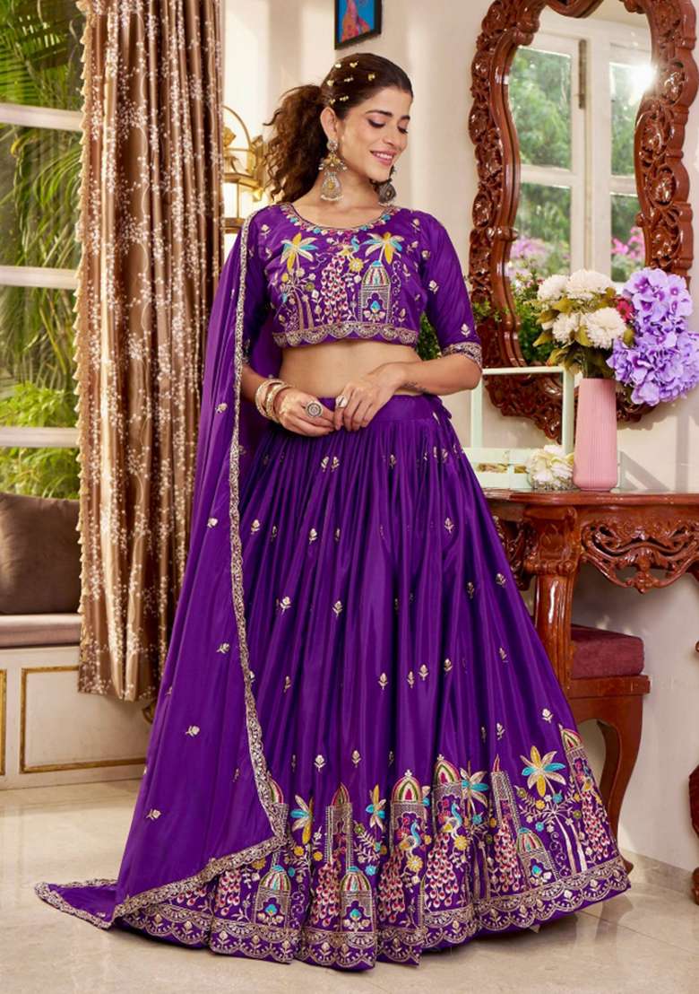 Purple Sequin Work Silk Lehenga Set - Indya