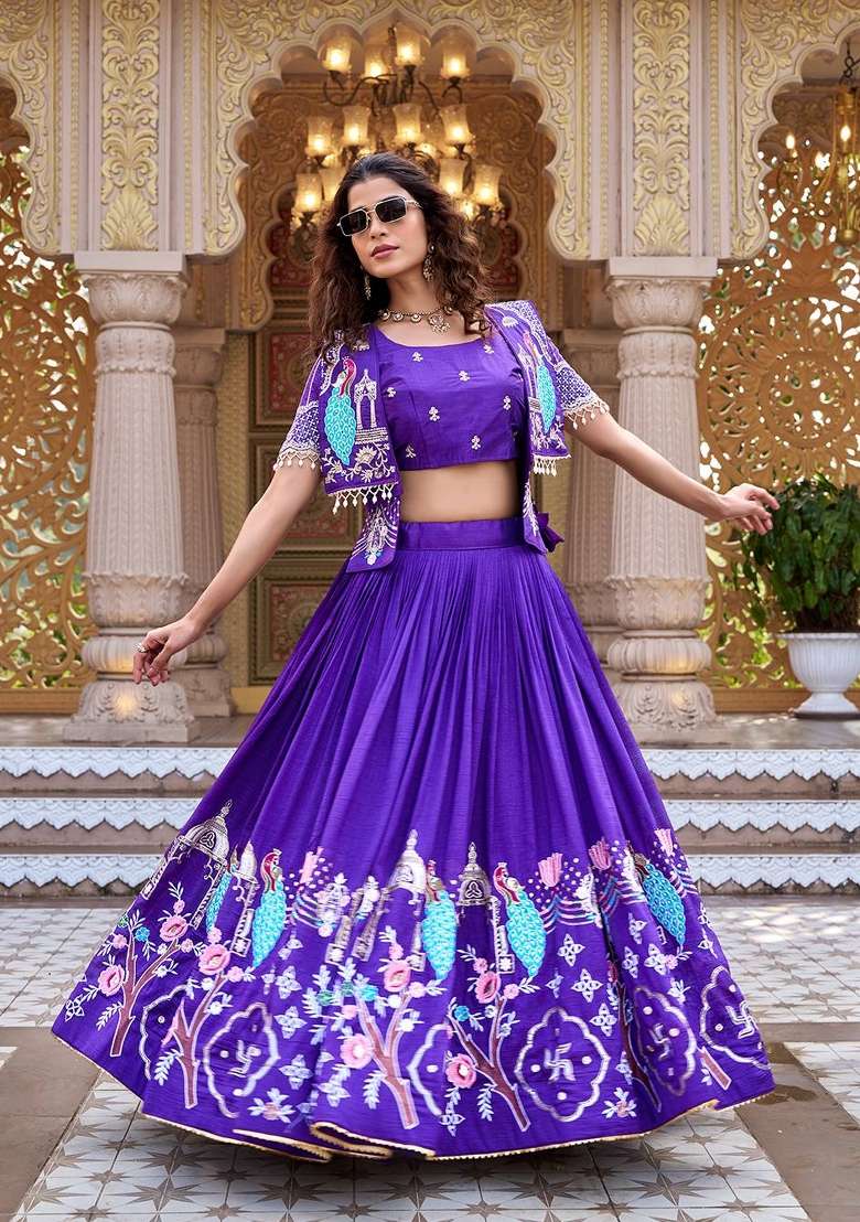 Purple Embroidered Vichitra Lehenga Set - Indya