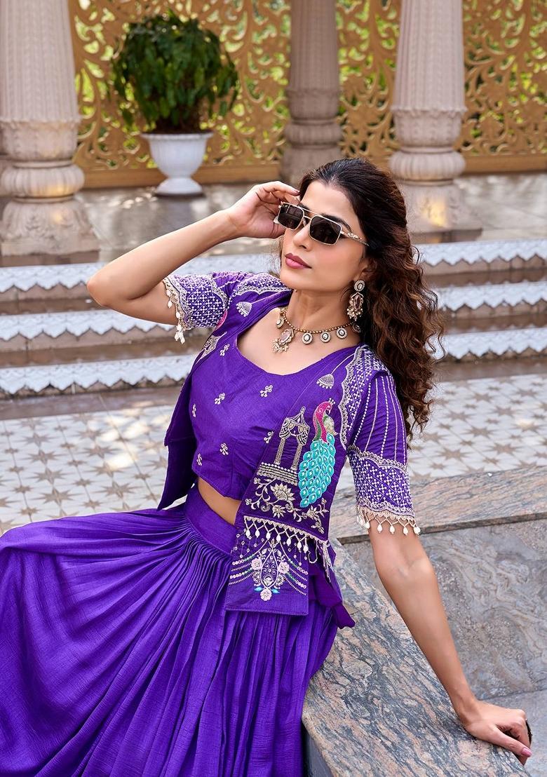 Purple Embroidered Vichitra Lehenga Set - Indya