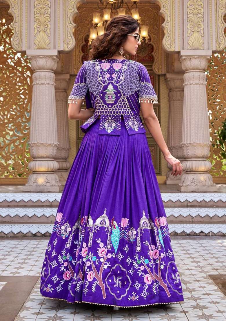 Purple Embroidered Vichitra Lehenga Set - Indya