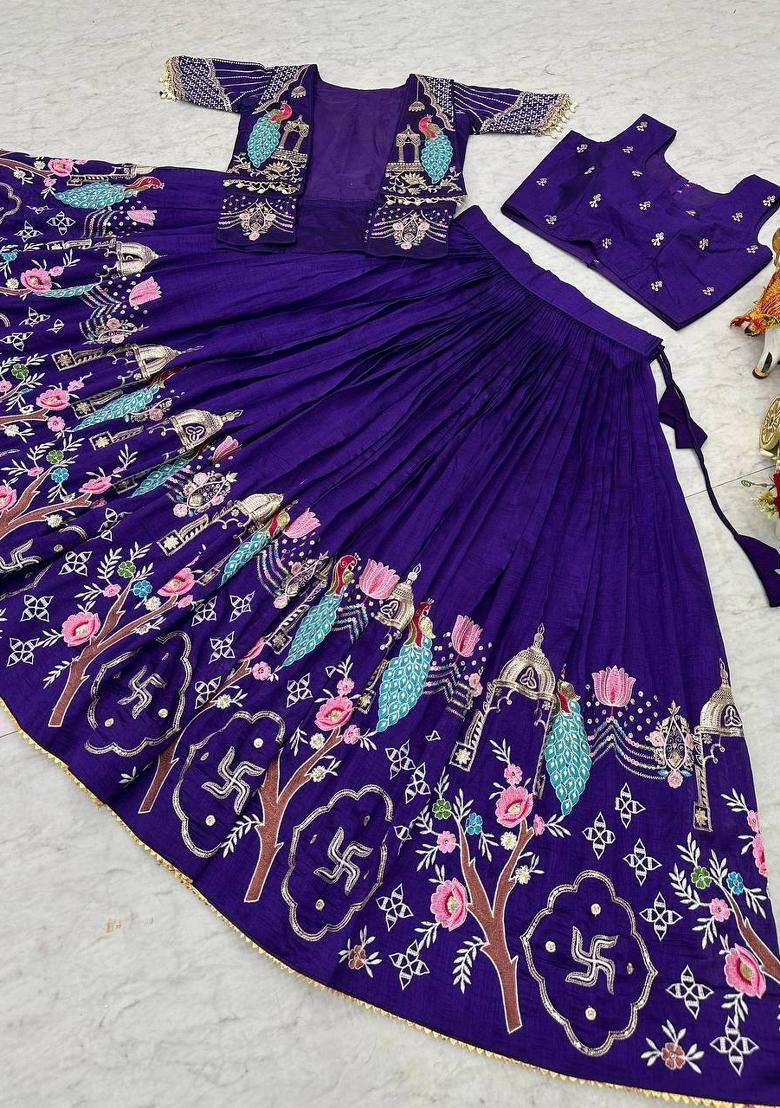 Purple Embroidered Vichitra Lehenga Set - Indya