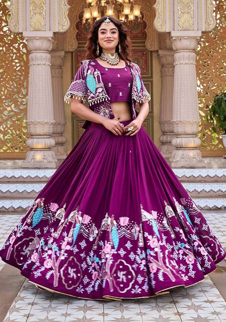 Wine Embroidered Vichitra Lehenga Set - Indya