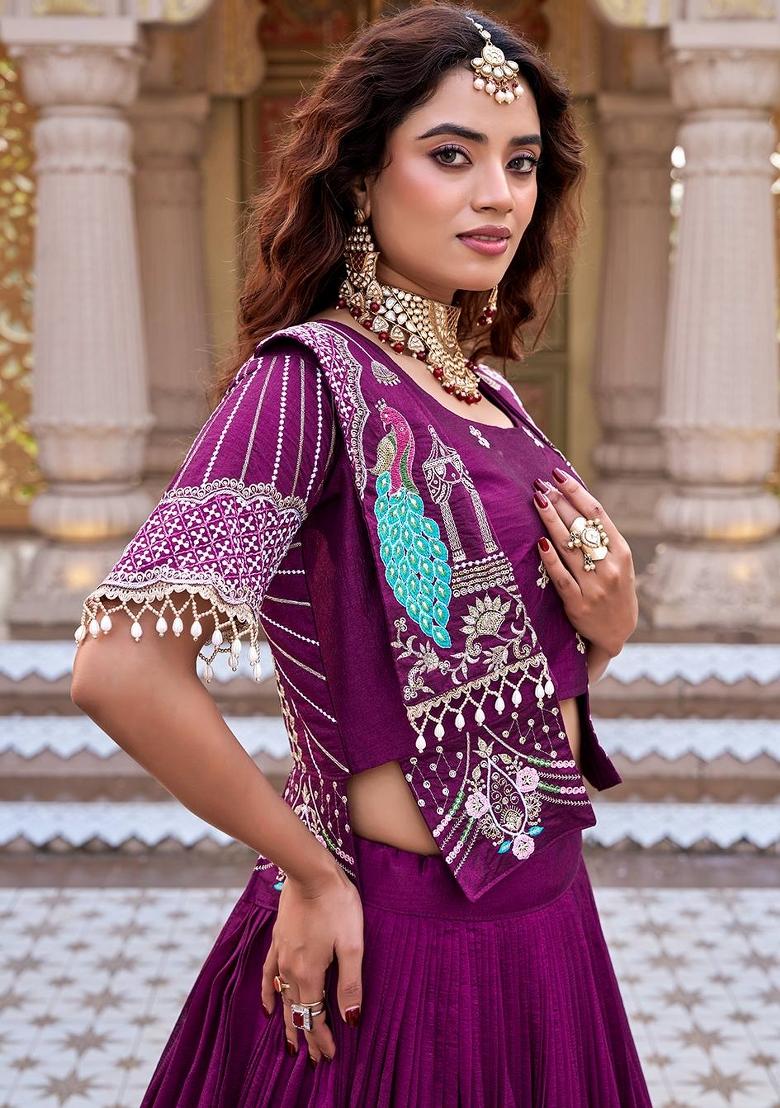 Wine Embroidered Vichitra Lehenga Set - Indya