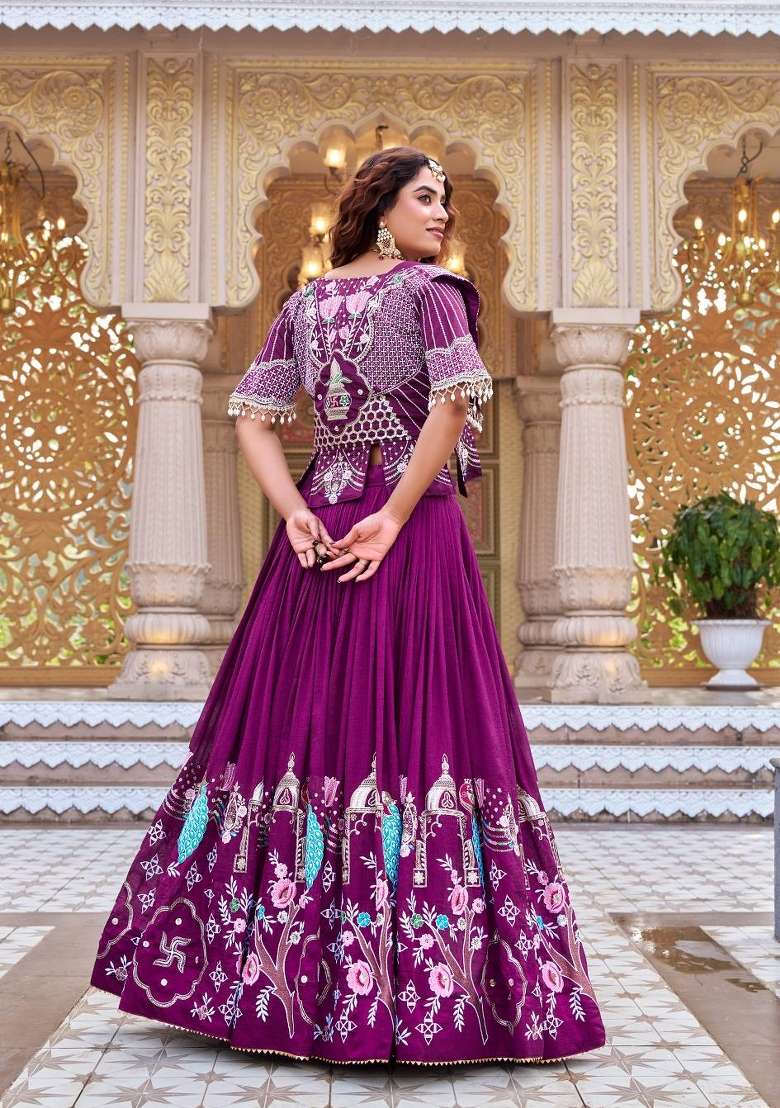 Wine Embroidered Vichitra Lehenga Set - Indya