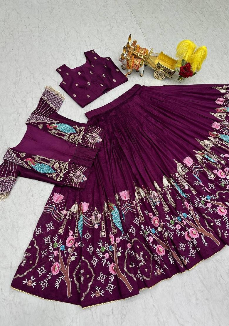 Wine Embroidered Vichitra Lehenga Set - Indya