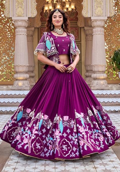 Wine Embroidered Vichitra Lehenga Set