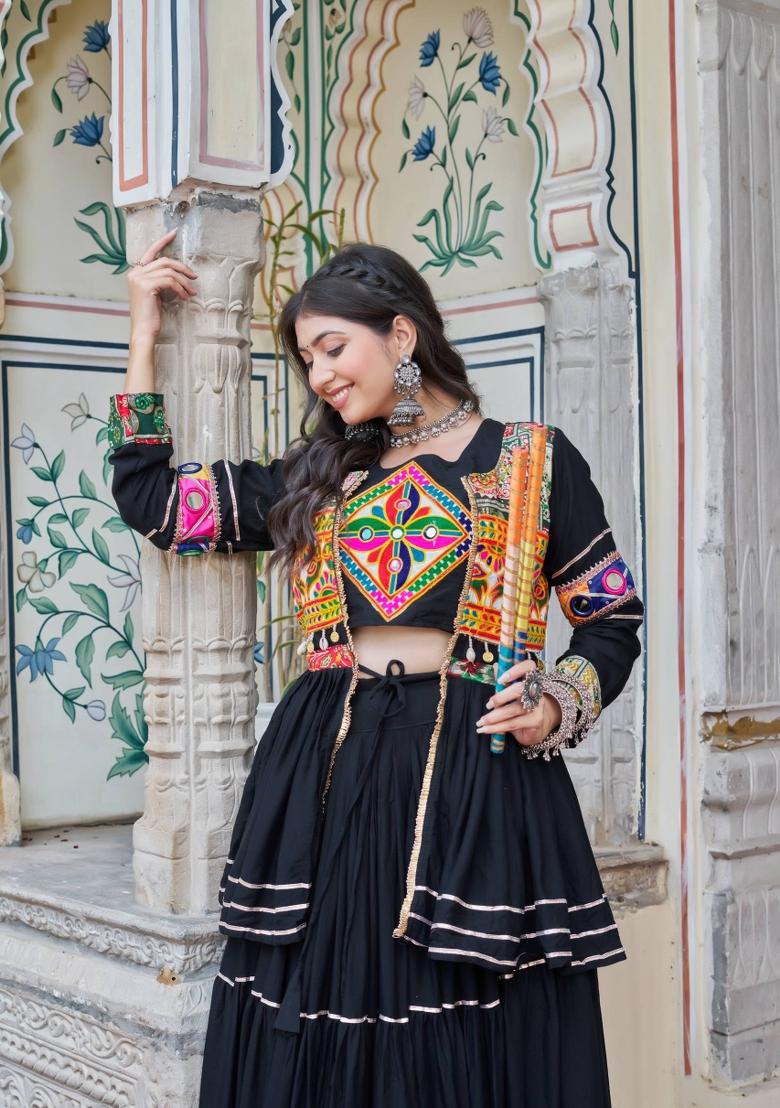 Black Gamthi Work Cotton Lehenga Set - Indya
