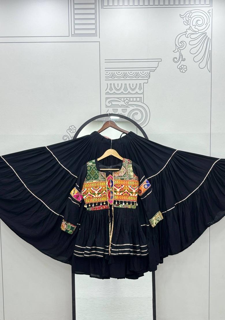 Black Gamthi Work Cotton Lehenga Set - Indya