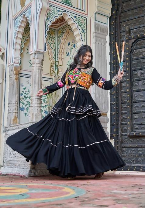 Black Gamthi Work Cotton Chaniya Choli Set For Navratri And Garba