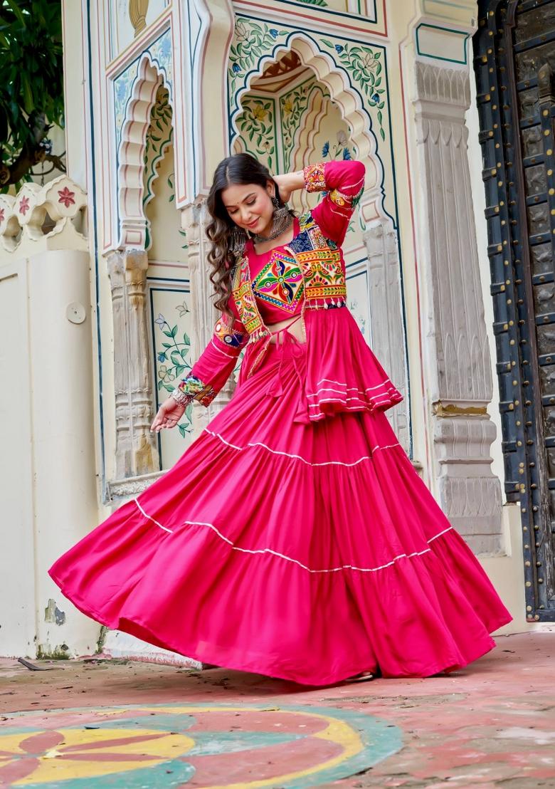 Pink Gamthi Work Cotton Lehenga Set - Indya