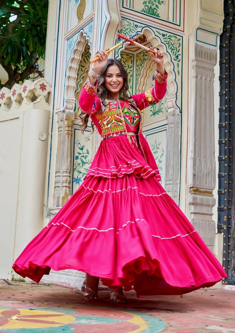 Pink Gamthi Work Cotton Lehenga Set - Indya