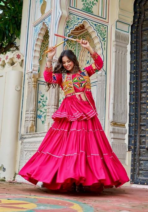 Pink Gamthi Work Cotton Chaniya Choli Set For Navratri And Garba