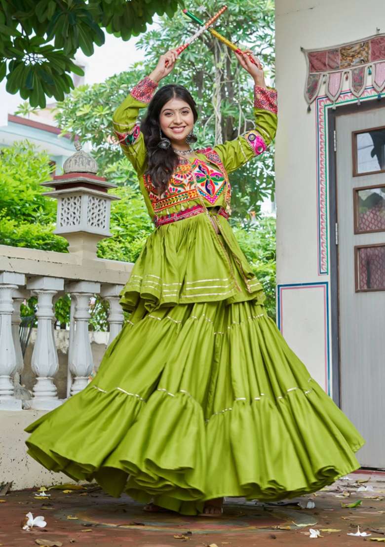 Parrot Gamthi Work Cotton Chaniya Choli Set For Navratri And Garba - Indya