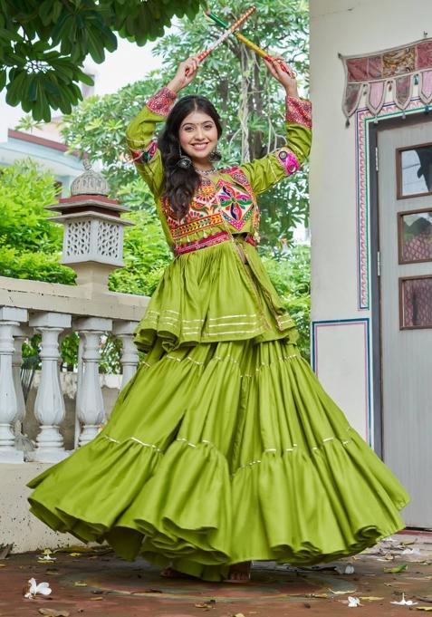Parrot Gamthi Work Cotton Chaniya Choli Set For Navratri And Garba