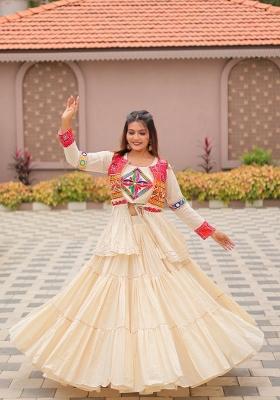 Off White Gamthi Work Cotton Lehenga Set